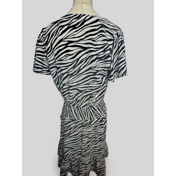 Michael Kors Zebra Print Smocked Waist Ruffle Midi Dress Med Bone/Black NWT - Picture 2 of 6